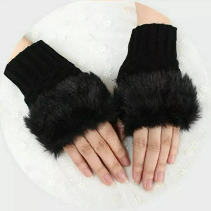 Womenβs Faux Fur Fingerless Knitted Gloves | Warm Winter Hand Wrist Warmers