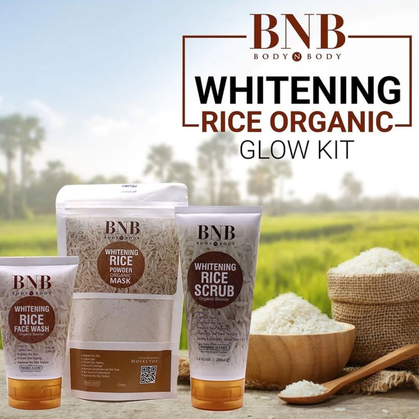 BNB Bright & Glow Rice Facial Kit – 3-in-1 Whitening & Hydration